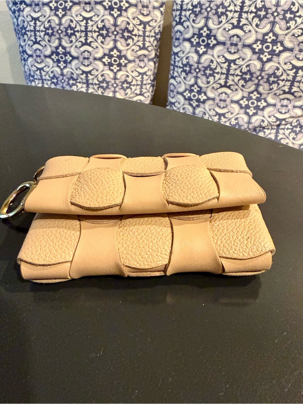 Polene Beige Woven Leather Key & Card Holder